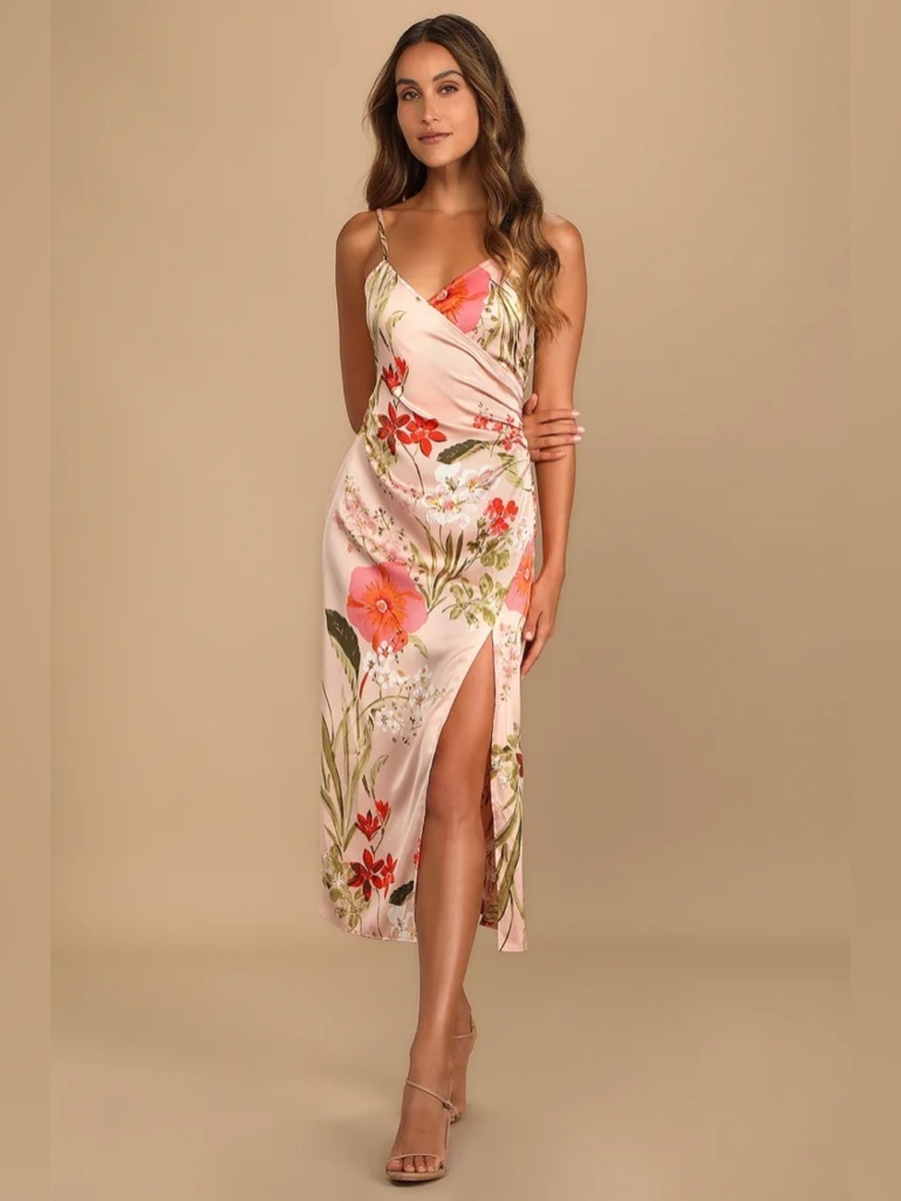 Lulus Remarkable Entrance Pink Floral Print Satin Midi Dress - Picture 4 of 8